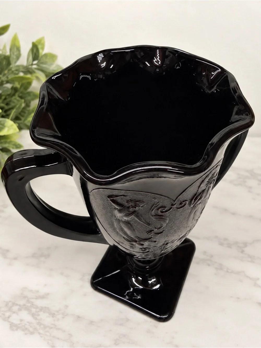 Vintage Black Amethyst Glass Double Handle Vase Urn Dancing Lady Art Deco